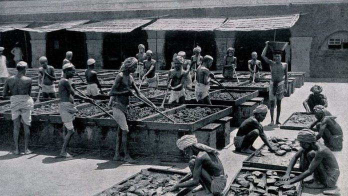 Manufacture of Opium in Calcutta, 1900. Workers here are mixing and balling opium | Source: Wikimedia Commons