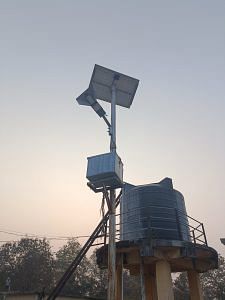 A picture of one of the 100 streetlights that have been modified and shaded to point towards the ground | Photo: Akanksha Mishra, ThePrint