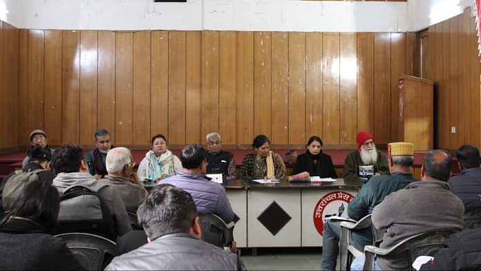 The Uttarakhand Mahila Manch holds a press conference at the Uttarkashi Press Club to oppose the UCC. They associate it with patriarchy, moral policing. | Heena Fatima | ThePrint
