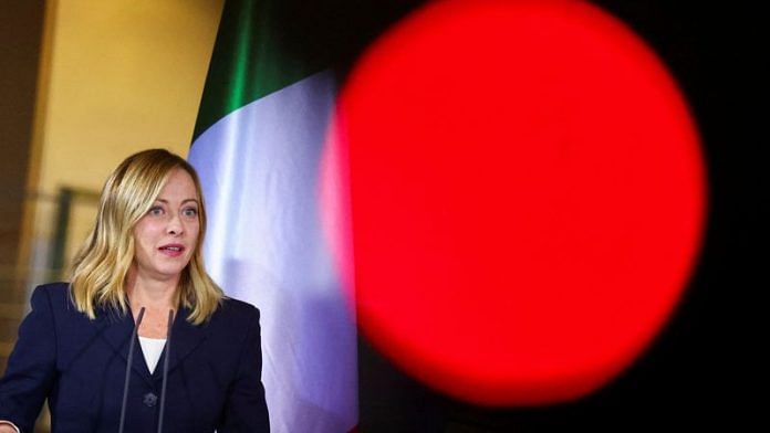 Italian Prime Minister Giorgia Meloni addresses the media during her meeting with German Chancellor Olaf Scholz at the Chancellery in Berlin, Germany, November 22, 2023. REUTERS/Fabrizio Bensch