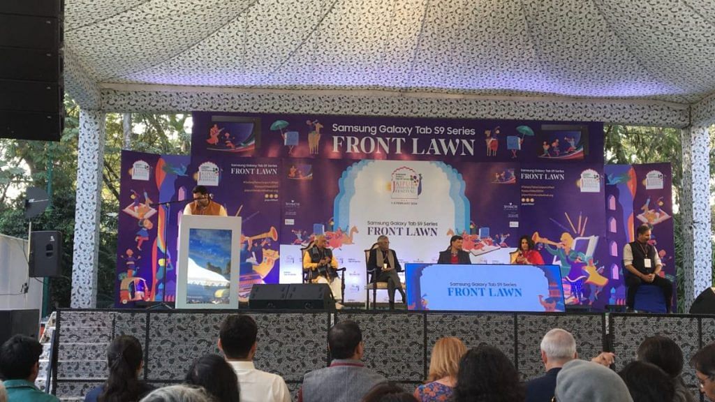 (L to R) RSS joint general secretary Manmohan Vaidya, former foreign secretary Pavan Varma and Sahitya Akademi award-winning poet Badri Narayan at the 17th edition of the Jaipur Literature Festival Friday | Amrtansh Arora | ThePrint