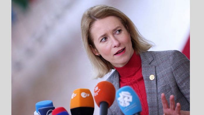 Estonian Prime Minister Kaja Kallas speaks to the press as she attends a European Union summit in Brussels, Belgium February 1, 2024. REUTERS/Johanna Geron