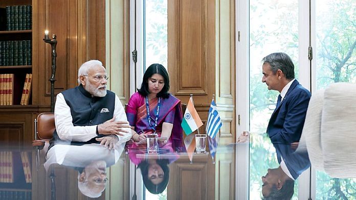 PM Modi with his Greek counterpart Kyriakos Mitsotakis, in Athens, on 25 Aug 2023 | ANI