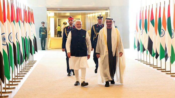 File photo of Prime Minister Narendra Modi being received by UAE President Mohamed bin Zayed Al Nahyan on his arrival in Abu Dhabi, UAE | ANI