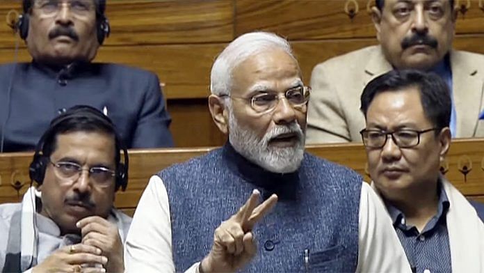 Prime Minister Narendra Modi speaks in the Lok Sabha on Saturday | ANI/Sansad TV