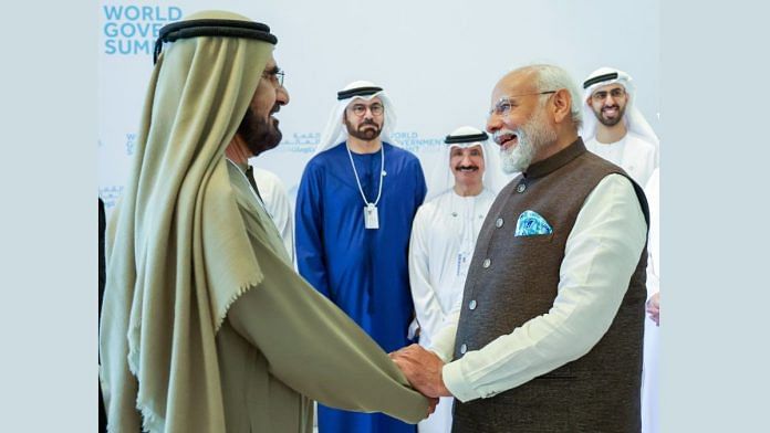 Prime Minister Narendra Modi meets Sheikh Mohammed bin Rashid Al Maktoum, Vice President and Prime Minister of the UAE and Ruler of Dubai, in Dubai on Wednesday | ANI Photo