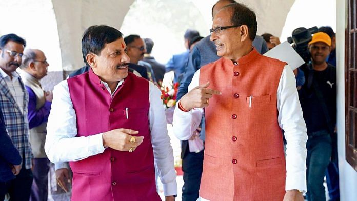 Madhya Pradesh Chief Minister Mohan Yadav with former state CM Shivraj Singh Chouhan in Bhopal | ANI