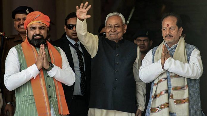 Bihar Chief Minister Nitish Kumar with deputy CMs Samrat Choudhary and Vijay Sinha in Patna | Photo: ANI