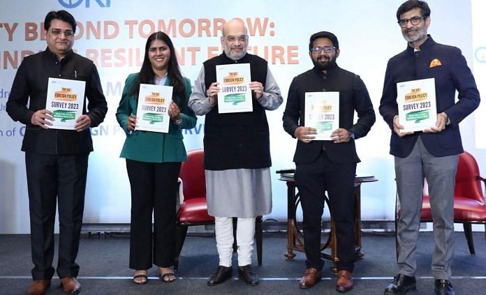 Union Home Minister Amit Shah with ORF's Harsh V. Pant, Shivam Shekhawat, Aditya Gowdara Shivamurthy and Samir Saran at the launch of the think tank's Foreign Policy Survey 2023 | By special arrangement