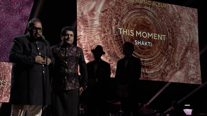 Shankar Mahadevan and Zakir Hussain at the 66th Annual Grammy Awards in Los Angeles | Image via X/@RecordingAcad