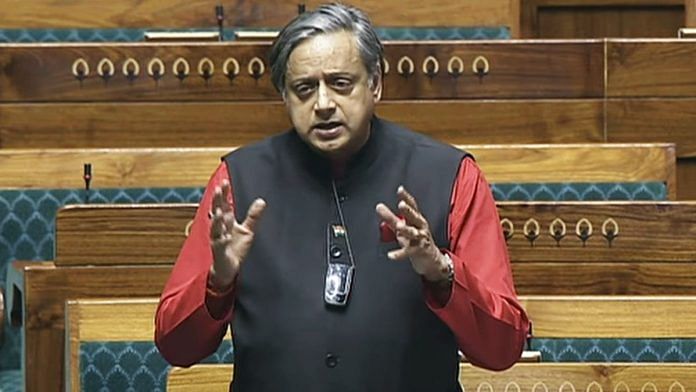 Congress MP Shashi Tharoor speaks in the Lok Sabha during the interim budget session of Parliament, in New Delhi on Wednesday | Photo: ANI/Sansad TV