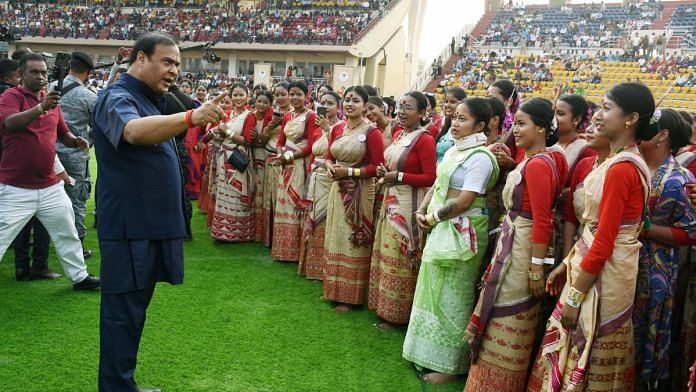 Assam CM Himanta Biswa Sarma meets with the Bihu dancers who set the Guinness World Record for the largest Bihu dance performance at a single venue. | ANI