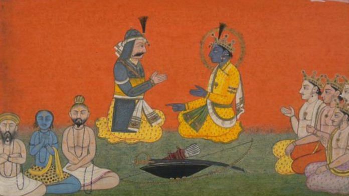 Representational image | Krishna talking with Yudhishthira and his brothers | Photo via Wikimedia Commons