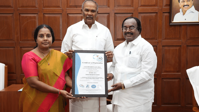 Coimbatore South MLA Vanathi Srinivasan with Tamil Nadu Assembly Speaker and Deputy Speaker K. Pitchandi | Pic credit: X/@VanathiBJP