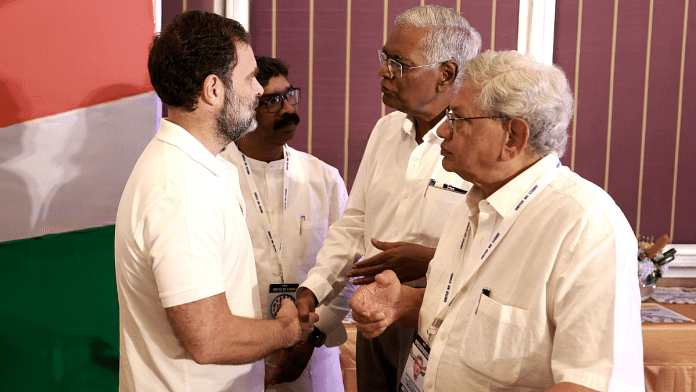 File photo Congress leader Rahul Gandhi with CPI general secretary D. Raja & CPI (M) general secretary Sitaram Yechury. Hemant Soren of JMM is also seen in picture | ANI