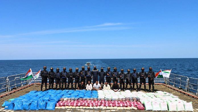 Indian Navy personnel show 3300Kgs contraband seized from a vessel in a joint operation with Narcotics Control Bureau (NCB), February 28, 2024 | Photo: PTI