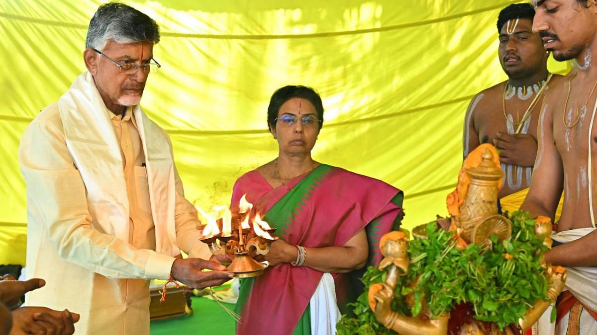 Chandrababu Naidu with his wife in the Raja Shyamala yagam performed at their residence last week | By special arrangement