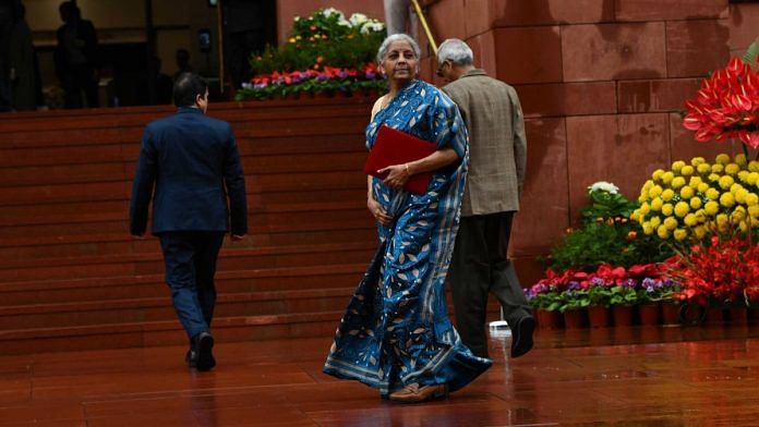 Finance Minister Nirmala Sitharaman at Parliament before presenting the Interim Budget 2024 | The Print Photo