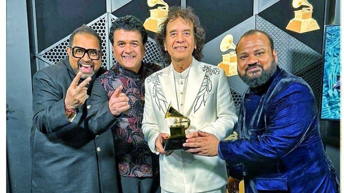 Left to right: Shankar Mahadevan, Ganesh Rajagopalan, Zakir Hussain and V Selvaganesh | Twitter, Recording Academy