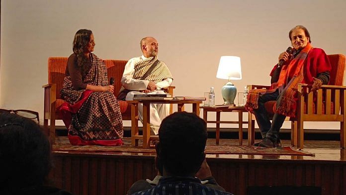 Left to Right: Author-curator Sujata Prasad and theatre artiste Oroon Das in conversation with Photographer Raghu Rai at the CD Deshmukh Auditorium in Delhi’s India International Centre | Almina Khatoon, ThePrint