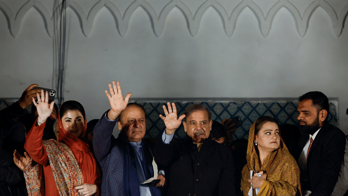 Former prime minister of Pakistan Nawaz Sharif, his daughter and politician Maryam Nawaz Sharif, his brother and former PM Shehbaz Sharif, and former information minister Marriyum Aurangzeb gesture as they gather at the party office of Pakistan Muslim League (N) at Model Town in Lahore, Pakistan, on 9 February | Reuters 