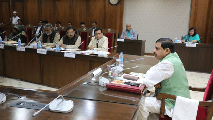 Madhya Pradesh CM Mohan Yadav at a meeting with his ministers in Bhopal | Pic credit:X @DrMohanYadav51