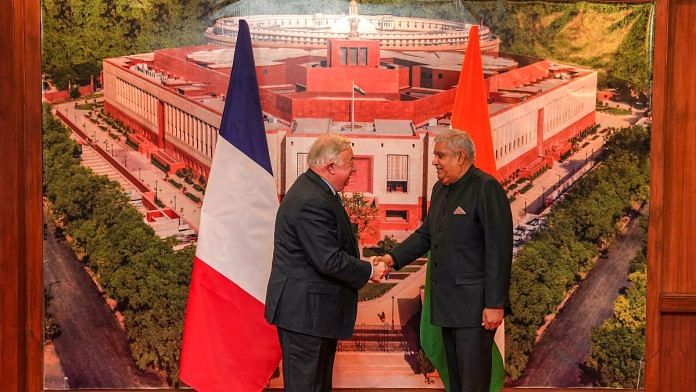 Vice President and Rajya Sabha Chairman Jagdeep Dhankhar during a meeting with President of the French Senate Gerard Larcher, in New Delhi, Monday, Feb. 19, 2024 | PTI