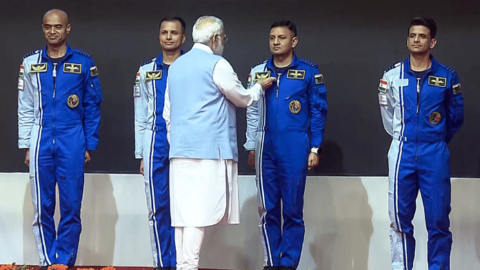 Prime Minister Narendra Modi bestows astronaut wings to the four astronaut designates at Vikram Sarabhai Space Centre in Thiruvananthapuram on 27 February. | ANI