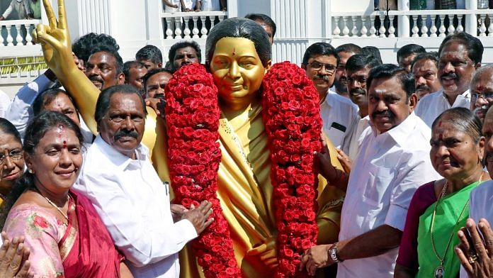 AIADMK members pay tribute to former Tamil Nadu Chief Minister J. Jayalalithaa on her 75th birth anniversary, 24 Feb, 2023 | Photo: ANI