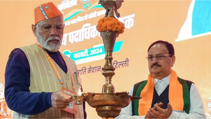 Prime Minister Narendra Modi and BJP national president J.P. Nadda at Bharat Mandapam in New Delhi Saturday | ANI
