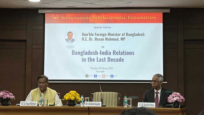 Bangladesh Foreign Minister Hasan Mahmud (left) speaking at an event hosted by the Vivekananda International Foundation in New Delhi on Thursday | Pia Krishnankutty | ThePrint