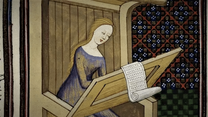 A miniature of the Erythrean Sibyl, writing. British Library, Royal 16 G V f. 23., CC BY-SA | The Conversation