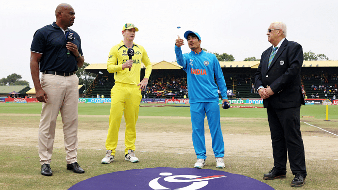 Skippers Uday Saharan and Hugh Weibgen during the toss ahead of the final between India U19 and Australia U19 in the ICC Under-19 World Cup 2024, at Willowmoore Park, in Benoni on Sunday | ANI