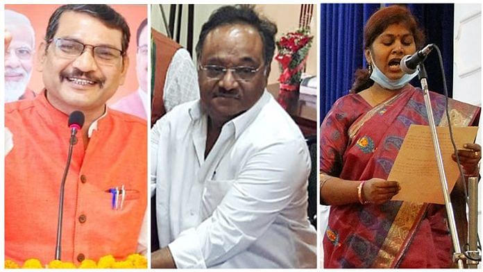 BJP candidates for the upcoming Rajya Sabha elections include (L-R) Amarpal Maurya, Samik Bhattarcharya and Sangeeta Balwant | Photos via X/@BJP_SCMorcha and ANI