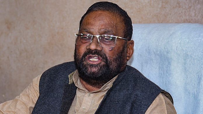 Former Samajwadi Party leader Swami Prasad Maurya addresses a press conference after resigning from the party, in Lucknow, on 20 February | PTI