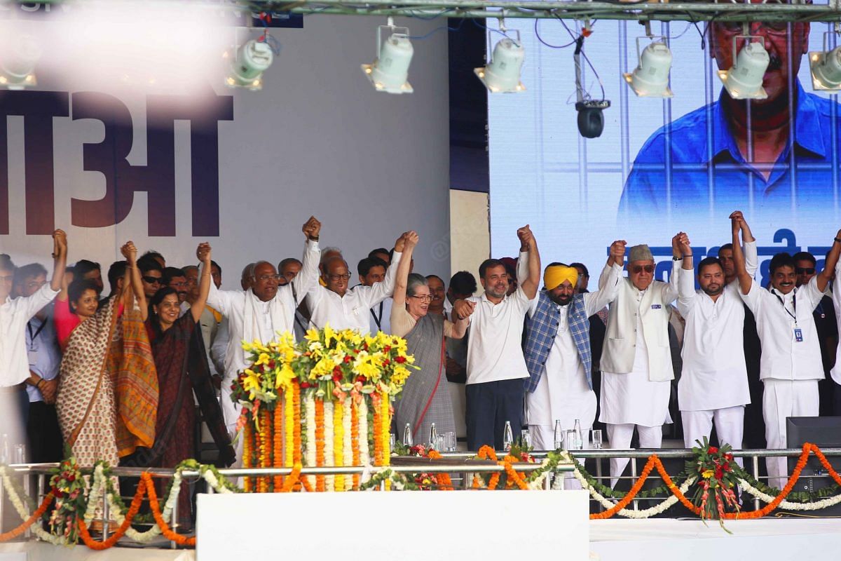 At the INDIA alliance rally leaders hold hands | Photo: Manisha Mondal | ThePrint