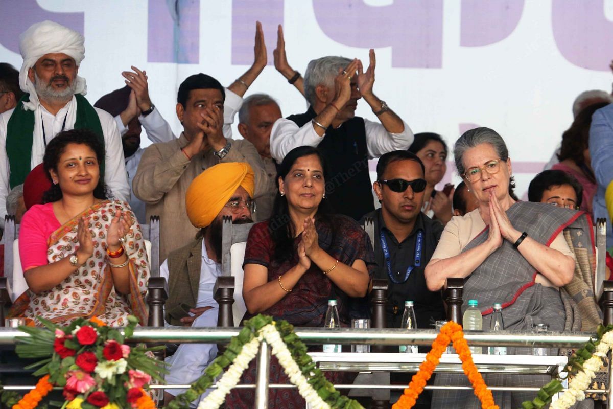 Kalpana Soren, Sunita Kejriwal and Sonia Gandhi at the rally | Photo: Praveen Jain | ThePrint
