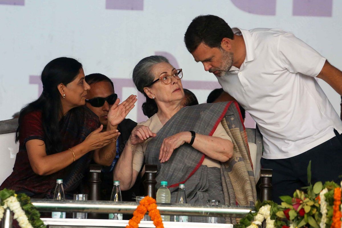 From left to right: Sunita Kejriwal, Sonia Gandhi and Rahul Gandhi at the rally | Photo: Praveen Jain | ThePrint