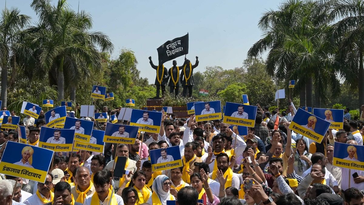 AAP workers protesting Arvind Kejriwal's arrest, at Shaheedi Park in New Delhi, Saturday | Suraj Singh Bisht | ThePrint