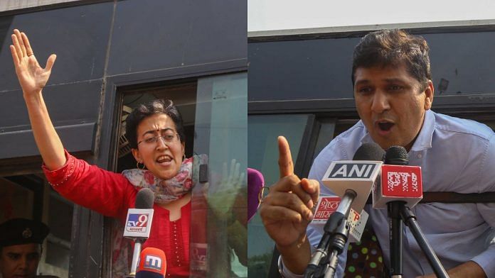 Delhi Ministers Atishi and Saurabh Bharadwaj being detained during a protest at ITO on Friday | Suraj Singh Bisht/ThePrint