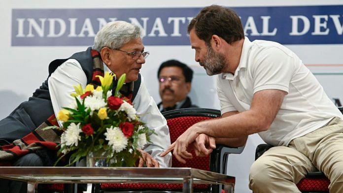 Congress leader Rahul Gandhi with Communist Party of India (Marxist) Secretary-general Sitaram Yechury during a press conference after an INDIA Alliance meeting | Photo ANI/Mohd Zakir