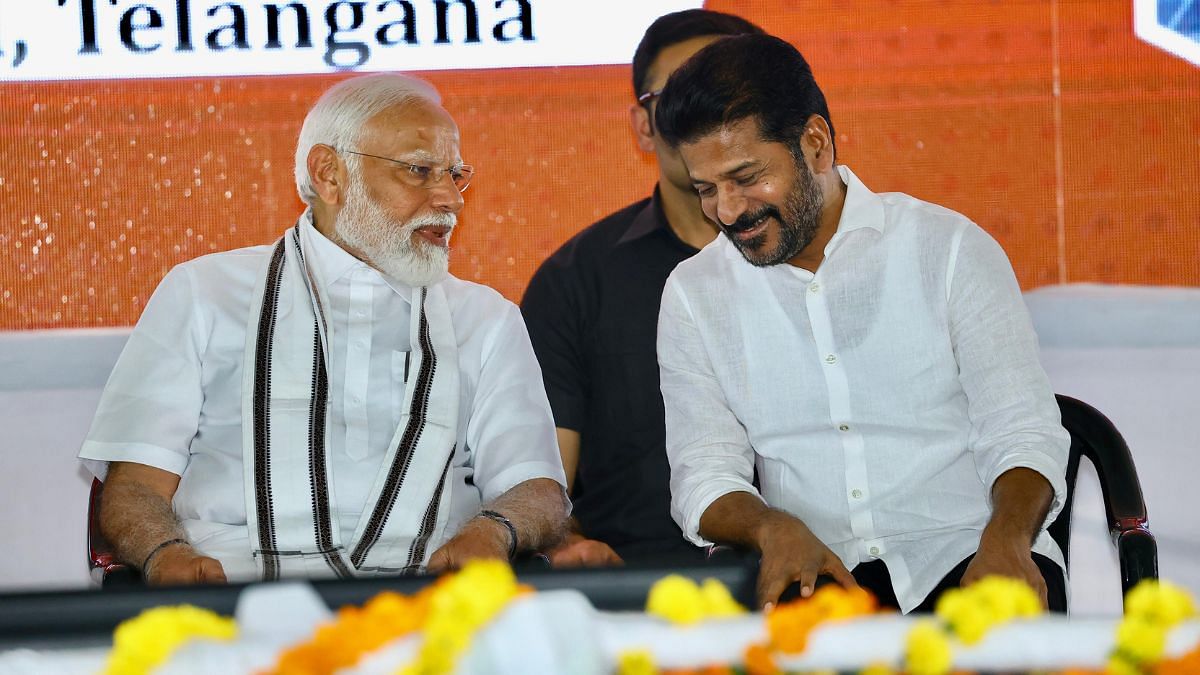 Prime Minister Narendra Modi in a conversation with Telangana CM Revanth Reddy in Adilabad, 4 March | Photo: By special arrangement 