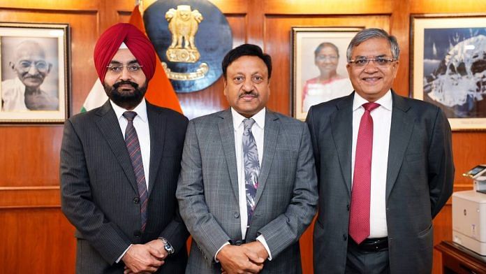 Chief Election Commissioner Rajiv Kumar with newly-appointed Election Commissioners Sukhbir Singh Sandhu and Gyanesh Kumar | Photo: ANI
