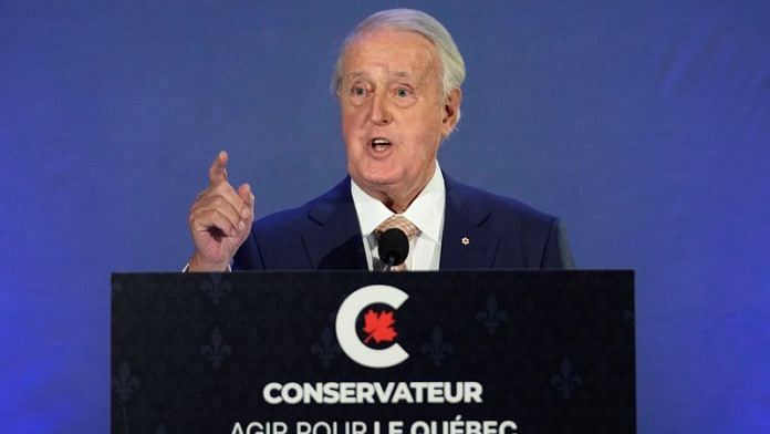 Former Canadian Prime Minister Brian Mulroney speaks during the election campaign tour of Canada's opposition Conservative party leader Erin O'Toole in Orford, Quebec, Canada September 15, 2021. REUTERS/Mathieu Belanger/File Photo