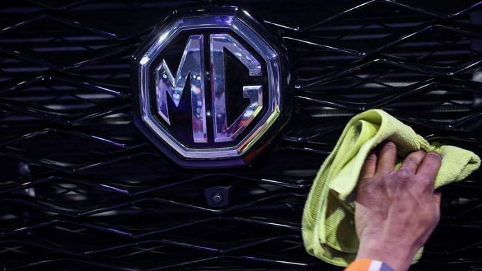 MG Motor's logo is seen on the front grille of a car put on display at Bharat Mobility Global Expo organised by India's commerce ministry at Pragati Maidan in New Delhi, India, February 1, 2024. REUTERS/Anushree Fadnavis/File photo