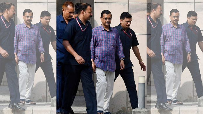 Delhi Chief Minister Arvind Kejriwal brought to the courtroom of Rouse Avenue Court at the end of his Enforcement Directorate (ED) custody in the liquor policy case Thursday | ANI