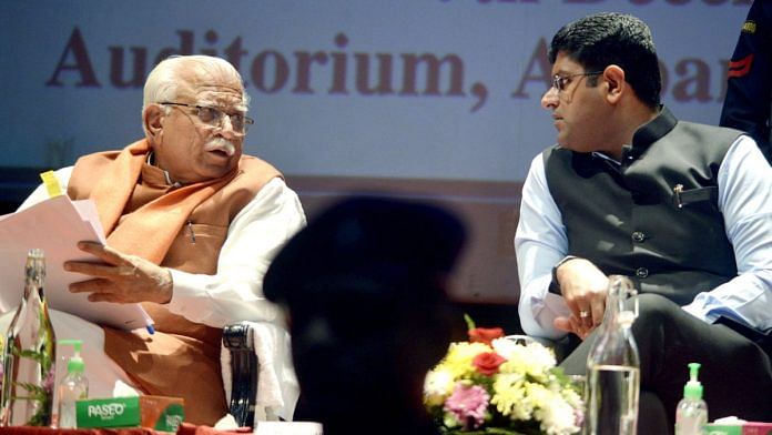 File photo of Manohar Lal Khattar & Dushyant Chautala when the BJP and the JJP were in an alliance | ANI