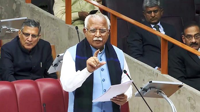 Haryana CM Manohar Lal Khattar speaking during Budget Session of assembly on 27 Feb, 2024 | ANI