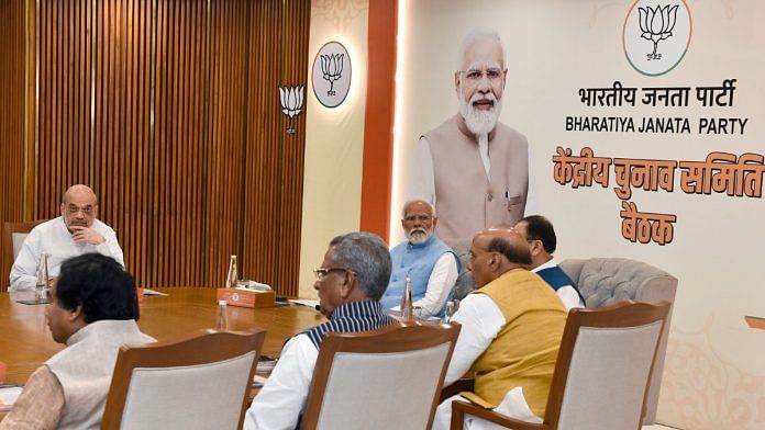 Prime Minister Narendra Modi with Union Home Minister Amit Shah, Defence Minister Rajnath Singh and other dignitaries at the Bharatiya Janata Party (BJP) Central Election Committee (CEC) meeting at party headquarters in New Delhi Saturday | Photo: ANI/Jitender Gupta