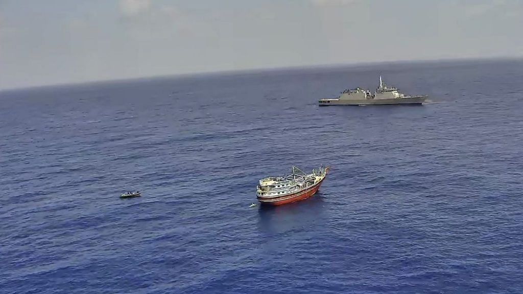 Indian Naval ship intercepting fishing vessel Al Kambar | Credit: Indian Navy